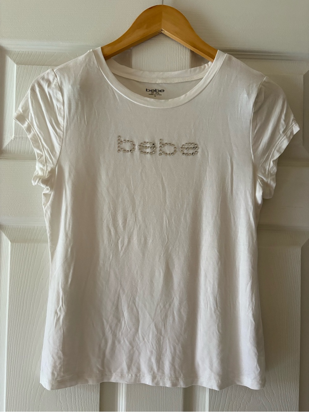 bebe White Rhinestone Logo Tee